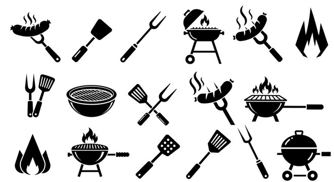 Barbecue tools and grill icon set &ndash; BBQ utensils, sausages, fire, outdoor cooking vector pack