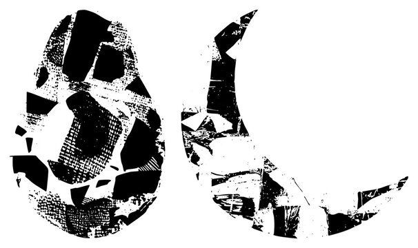 Stylized broken egg and curved horn shapes with halftone textures, graphic design elements, vector art, isolated symbols.