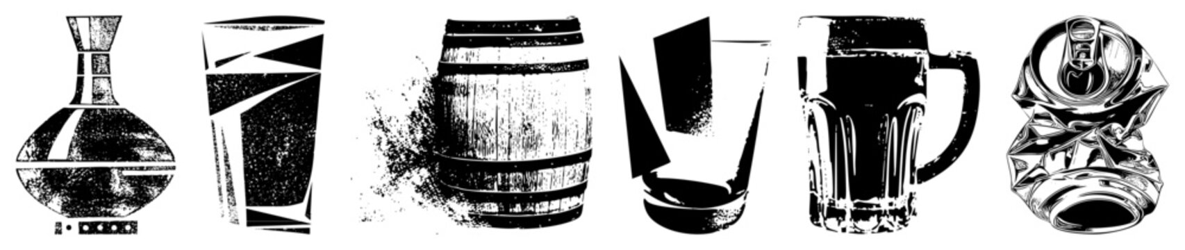Collection of stylized drink vessels including decanter, cocktail glass, barrel, pitcher, mug, and crushed can, rendered in high contrast vector art with halftone texture and geometric abstraction.