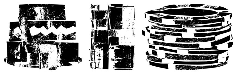 Fototapeta premium Stacked abstract forms with jagged edges and textured halftone, graphic art, vector composition, design, modern minimalism.
