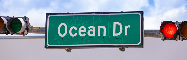 Ocean Drive Road Sign, Miami Beach, Florida. Selective focus. Panoramic image.