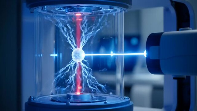 Neural network trading algorithms visualize intricate data analysis with dynamic electrical plasma discharges and a precise laser beam in a futuristic, high-tech research laboratory setting.