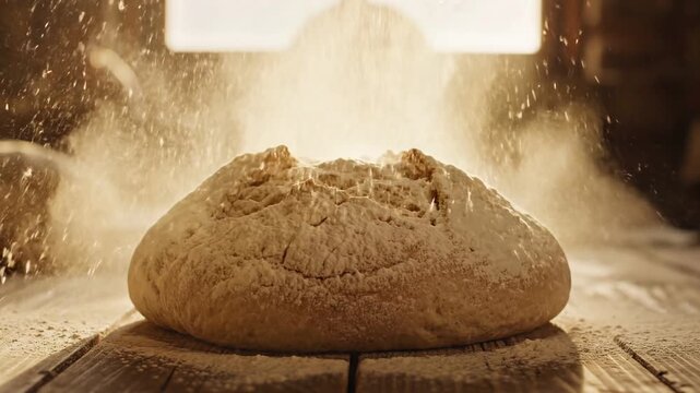 Flour dusting over fresh crusty bread on a rustic wooden table in warm golden light for artisanal bakery craftsmanship and organic food concept