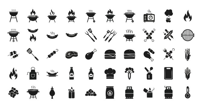 BBQ and grilling icon set &ndash; barbecue food, grill equipment, fire, meat and outdoor cooking vector pack