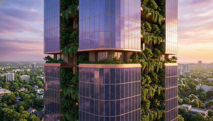 Futuristic skyscraper featuring solar panels and lush vertical gardens at sunset for a sustainable urban living concept