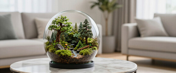 Lush miniature forest terrarium with a small stream and human figure on a marble coffee table in a modern home, for a nature conservation concept and calm environment
