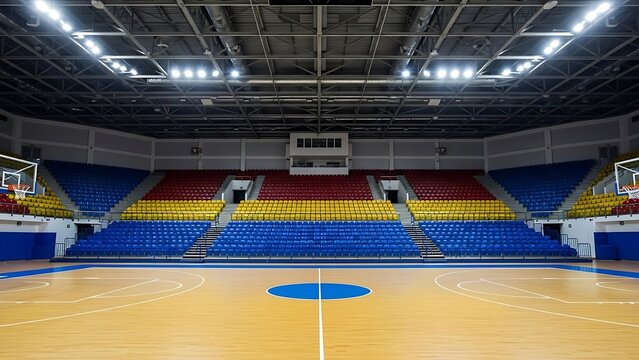 Indoor basketball court with empty bleachers and bright lighting
