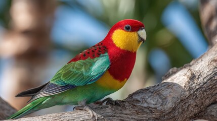 Fototapeta premium Vibrant Crimson and Yellow Parrot Perched Gracefully on a Textured Tree Branch in Natural Sunlight