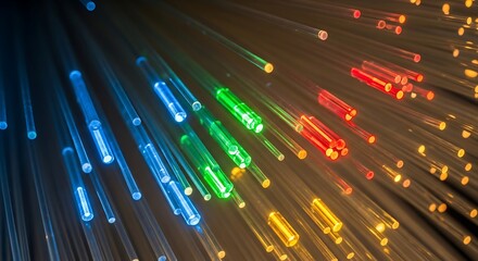 Obraz premium Abstract fiber optic cables colorful light beams in dark background