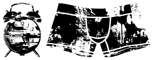 Obraz premium Retro alarm clock with bell and hands, distressed boxer briefs with splatter texture, vector graphic, black and white, isolated foreground elements.