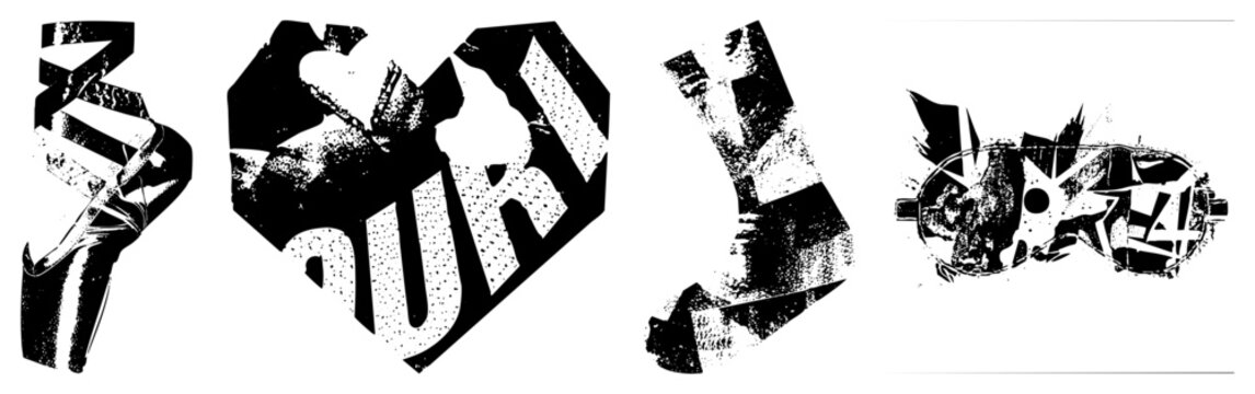 Graphic design logos featuring fragmented typography, halftone textures, and abstract shapes, ideal for streetwear or punk branding. Includes &ldquo;SOUR&rdquo; and &ldquo;REAL&rdquo; in aggressive, broken letterforms.