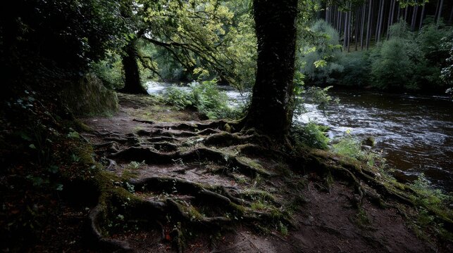 Gnarly ancient tree roots exposed on a riverbank path in a lush forest setting