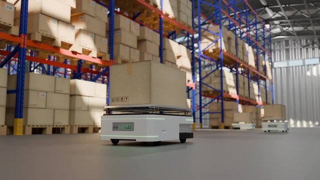 Concept of smart factory and 6G for industrial. Autonomous Robotic transportation or Automated guided vehicle systems(AGV) operating transfer box in automated warehouses.3d rendering and illustration