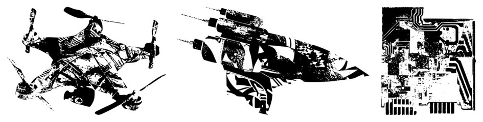 Obraz premium Stylized drone, jet fighter, and circuit board rendered in halftone vector art, tech fusion design, digital illustration, isolated tech elements, graphic, tech aesthetic.