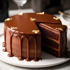 Decadent chocolate cake with gold leaf a slice removed and presented beautifully