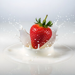 A vibrant strawberry bursting through a splash of white liquid creating a dynamic scene