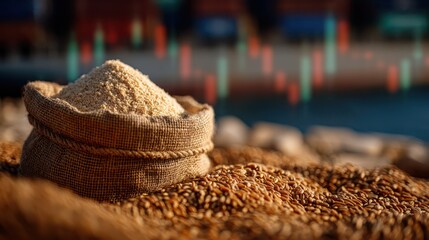 Fototapeta premium A burlap sack filled with wheat flour sits atop a pile of wheat grains with a blurred stock market chart in the background.