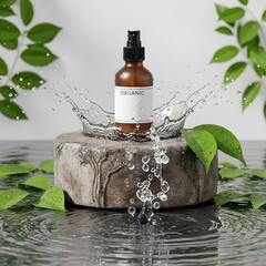 Amber glass bottle with organic label amidst a water splash and green leaves