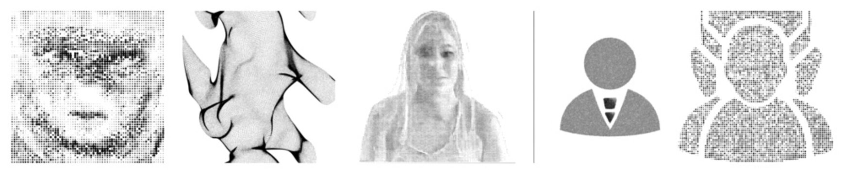 Black and white halftone portraits, abstract human figures, stylized faces, dot matrix art, graphic design elements, vector illustrations.