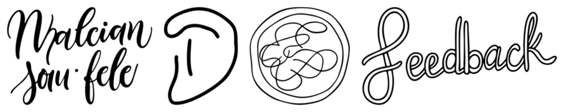 Bold black artistic lettering "Malcian Sou&middot;fele," abstract "D," swirling glyph, "Feedback" script no fill, ideal for branding/UI.