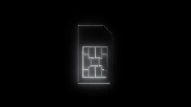 Neon sim card icon animation, glowing sim card outline loop 4k motion graphic. sim card icon stroke line moving.