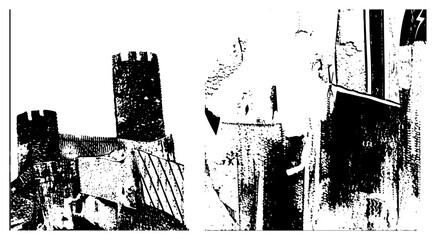 Obraz premium Ancient fortress ruins featuring crenellated towers and weathered stone walls, rendered in stark black and white halftone vector art, ideal for historical or design.