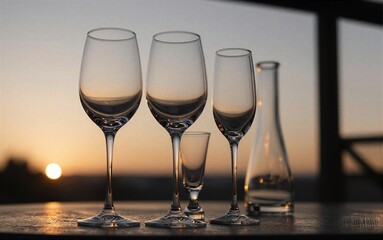 Three empty wine glasses on table at sunset, golden light reflecting softly.