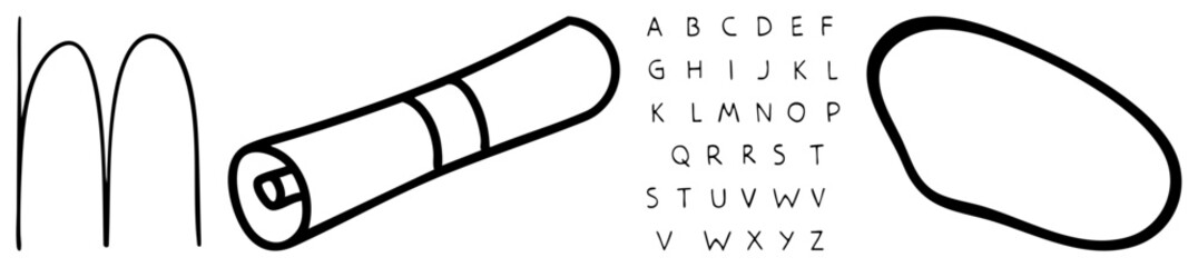 Fototapeta premium Simple black illustrations stylized letter M, marker pen, uppercase alphabet chart, organic oval shape. Flat vector design for graphic design, typography, or UI elements.