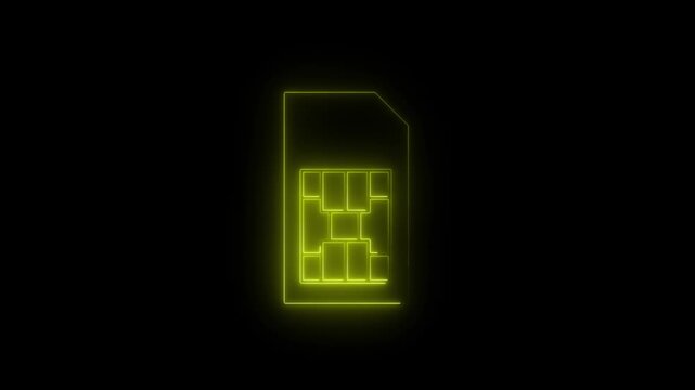 Neon sim card icon animation, glowing sim card outline loop 4k motion graphic. sim card icon stroke line moving.