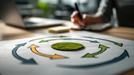Obraz premium A person writes notes near a circular flowchart featuring green grass in the center, symbolizing sustainability and environmental planning.