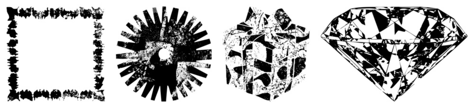 Four stylized vector forms distressed square, gear, fragmented cube, faceted diamond., halftone texture, graphic design elements, isolated foreground.