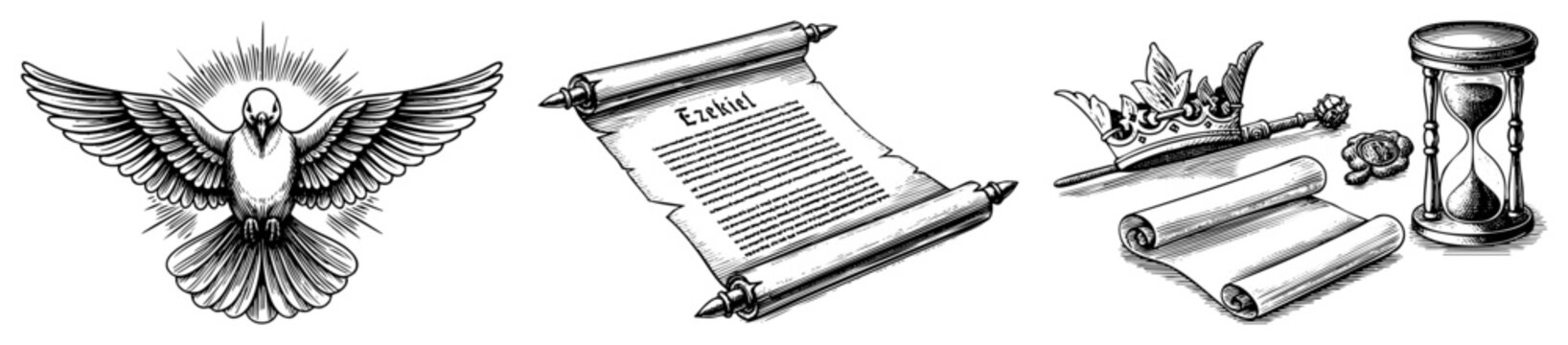 Religious featuring of peace, Ezekiel scroll, crown, and hourglass, rendered in detailed black and white vector illustration with halftone shading and engraved texture.