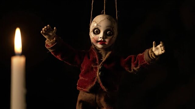 Creepy Puppet with Glowing Eyes and Candle in Dark Room.