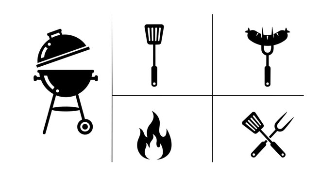 BBQ grill and barbecue tools icon set &ndash; grilling equipment silhouette collection