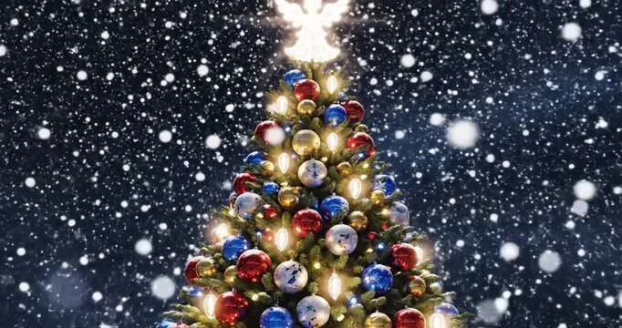 A beautifully decorated Christmas tree adorned with colorful ornaments and lights, set against a snowy backdrop