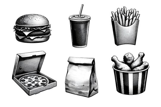 Halftone Fast Food Icons Set Realistic Black and White Illustrations