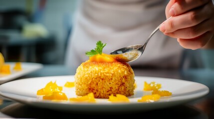 Culinary Artistry in Action: Chef Garnishing Orange Infused Rice Dish with Citrus Tidbits and Fresh Herb for Elegant Presentation