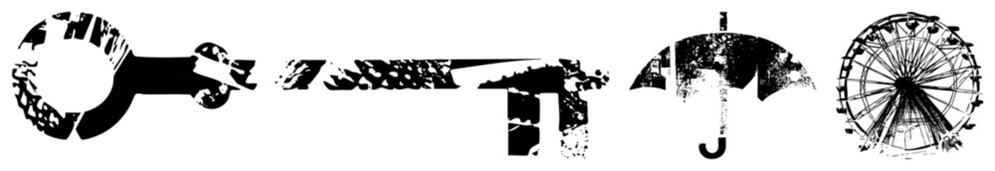 Wrench, knife, umbrella, Ferris wheel bold black vector with textured wear, graphic design elements, isolated symbols for branding or UI.