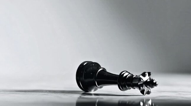 A fallen black king chess piece symbolizes defeat and the end of a strategic game, highlighting the fragility of power and the unpredictable nature of competition