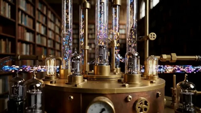 Neural network trading powers a glowing steampunk data machine within a library, visualizing advanced AI for financial analysis.