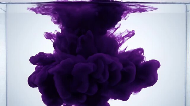 Deep purple ink cloud dissolving in clear liquid
