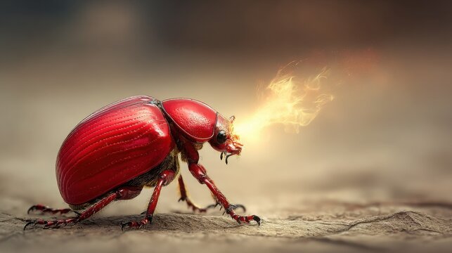 A striking red Bombardier beetle expelling a defensive chemical spray in a close-up macro shot.