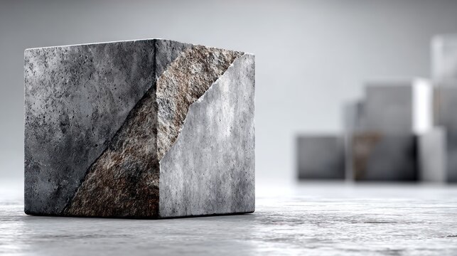 A textured gray cube reveals a natural stone interior, other cubes blurred in background