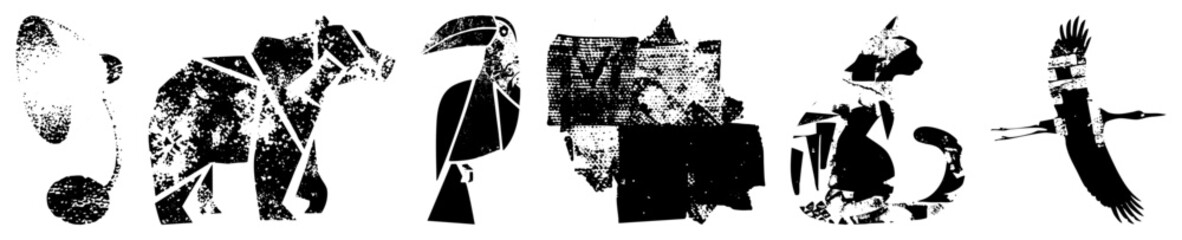 Abstract animal forms composed of fragmented shapes, halftone textures, and bold, ideal for graphic design, print, or digital.