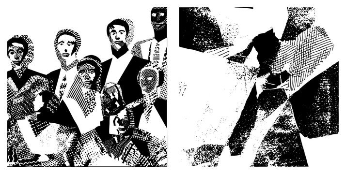 Stylized corporate crowd with halftone shading, geometric shapes, vector art, business personas, graphic design elements.