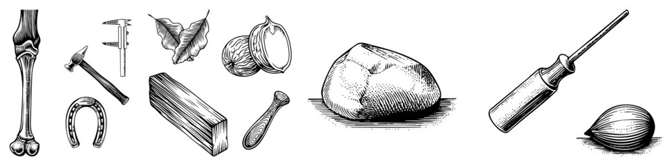 Collection of rustic tools and organic items rendered in classic engraving style, including bone, hammer, leaf, nut, rock, screwdriver, and wooden handle, ideal for design or illustration.