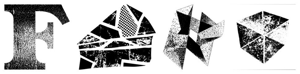 Obraz premium Stylized fragmented letters with halftone grain, abstract typography, graphic design elements, vector art, geometric composition.