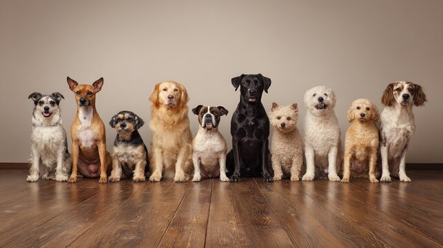 Group of Diverse Dogs Line Up in a Studio Setting with Neutral Background and Wooden Floor