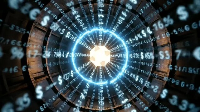 Neural network trading efficiently analyzes global financial data, showcasing dynamic currency symbols rapidly circulating through an abstract luminous digital tunnel with futuristic technology.