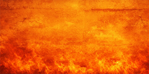 Vibrant orange and red fire flames dance across a hot grunge texture background featuring a vintage burning paper pattern with smoke and yellow light art © suriyaakter